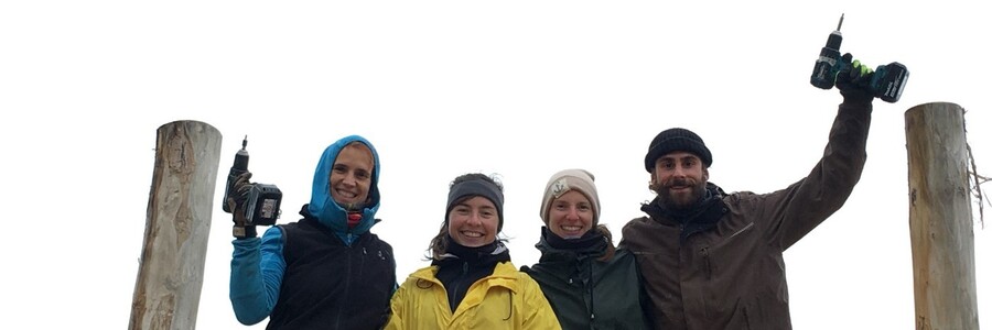 Vier Personen stehen auf einer Fanganlage und halten Werkzeuge in den Händen