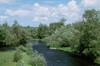 Flussaue, bei der sich ein Fluss durch bewaldete Flächen schlängelt