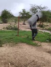 Ein Mann trägt einen Zaun auf der Schulter